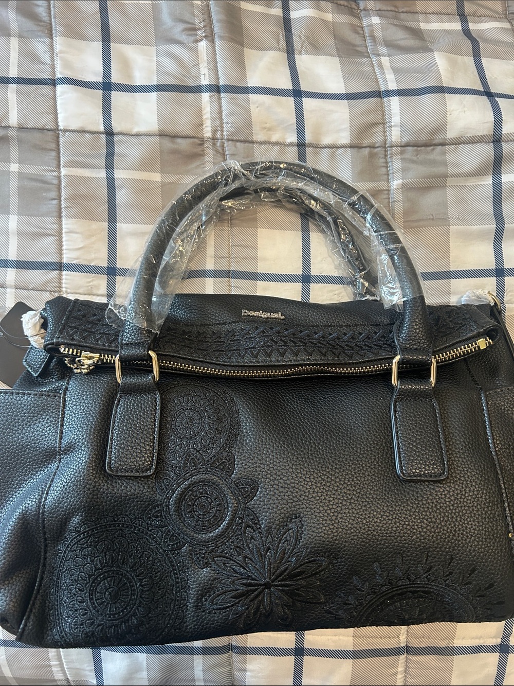 Desigual Black Embossed Floral Leather Satchel